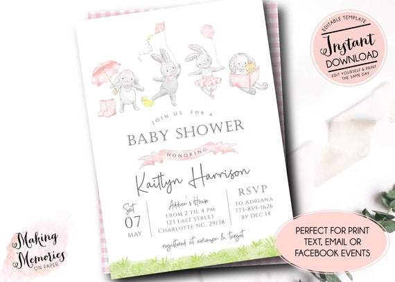 Editable Bunny baby shower invitation, Easter baby Shower Invitation, Spring baby shower, Its a girl, pink bunnies, INSTANT download