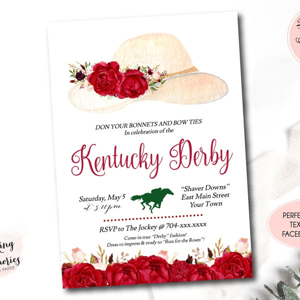 Kentucky Derby Party Invitation, Bonnet  and bow ties Derby Invite, Run for the Roses Invitation, Horse Race Invitation, Derby Hat red roses