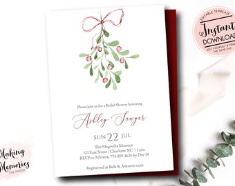 May include: A white invitation with a watercolor mistletoe design, red bow, and berries. The invitation text reads "Please join us for a Bridal Shower honoring Ashley Sawyer" and includes event details. The words "Instant Download" are also visible.