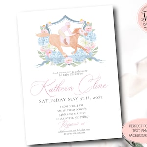 May include: A baby shower invitation with a watercolor illustration of a girl riding a horse. The invitation is for Kathern Cline and is set for Saturday, May 5th, 2023, from 3 to 4 PM at Smith Field Down's, 5468 East Main St, Charlotte, NC 57867. The invitation includes the text "Registered at Amazon.com and Babylist.com" and "RSVP to 704.555.5444".