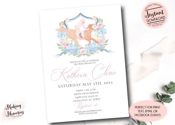 Pink Derby Baby Shower Invitation, Kentucky Derby Invitation, Horse race Invitation, Derby Baby Shower, light pink derby, Churchill Downs