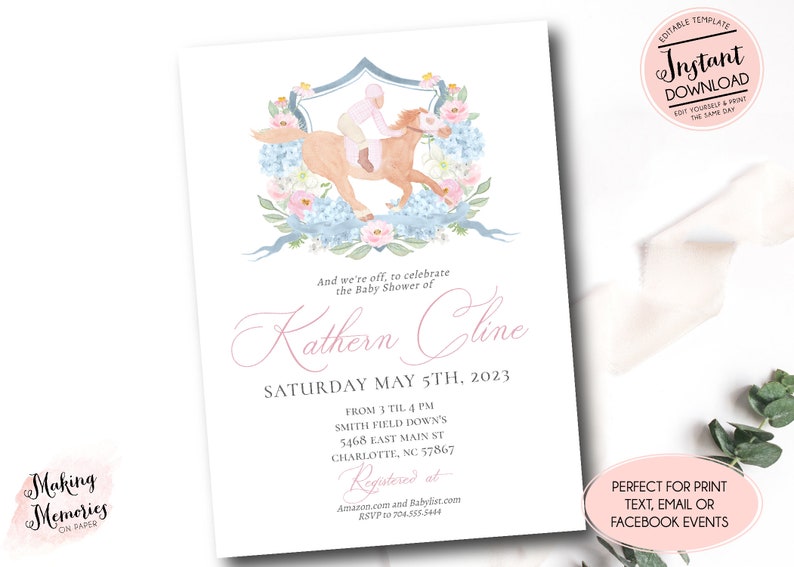 May include: A baby shower invitation with a watercolor illustration of a girl riding a horse. The invitation is for Kathern Cline and is set for Saturday, May 5th, 2023, from 3 to 4 PM at Smith Field Down's, 5468 East Main St, Charlotte, NC 57867. The invitation includes the text "Registered at Amazon.com and Babylist.com" and "RSVP to 704.555.5444".