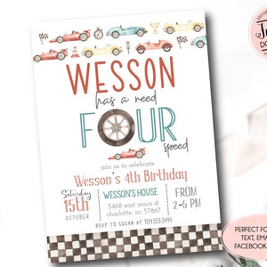 Race Car Birthday Invitation, Fourth birthday invitation, race car need for speed invite, boy Car Birthday, too fast race car, 4th birthday