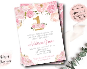Pink and gold First Birthday Invitation, INSTANT DOWNLOAD Watercolor Flowers, One Invitation, birthday invitation, DIY, first Birthday, p2