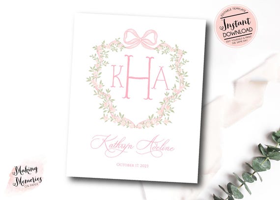 Printable Hospital Door Sign, Pink Watercolor Monogram Crest, Bassinet sign, Girl Nursery art, Girl Hospital Sign, Crest Monogram & Name