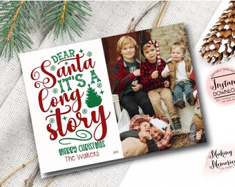 Modèle de carte de Noël photo drôle, téléchargement instantané, carte de Noël drôle, modèle de carte de Noël photo pour enfants, Cher père Noël, c’est une longue histoire