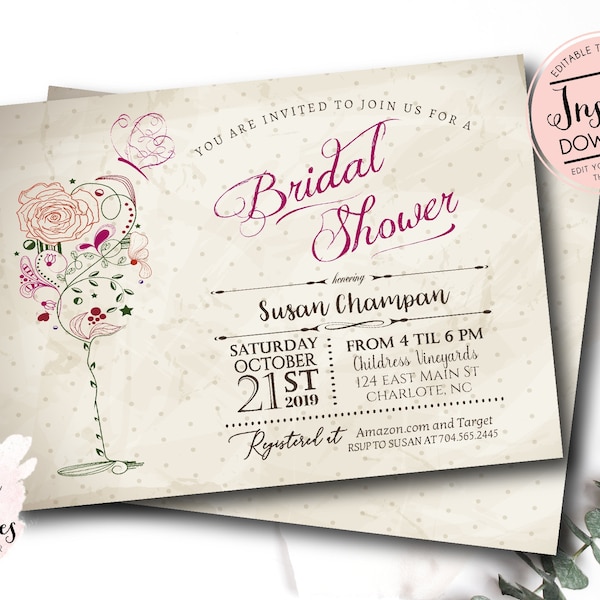 Vintage Wine & Butterfly Bridal Shower Printable Invitation, Wine Bridal shower, Brunch and Bubbly, Bridal Shower, Wine Shower, Wine Tasting