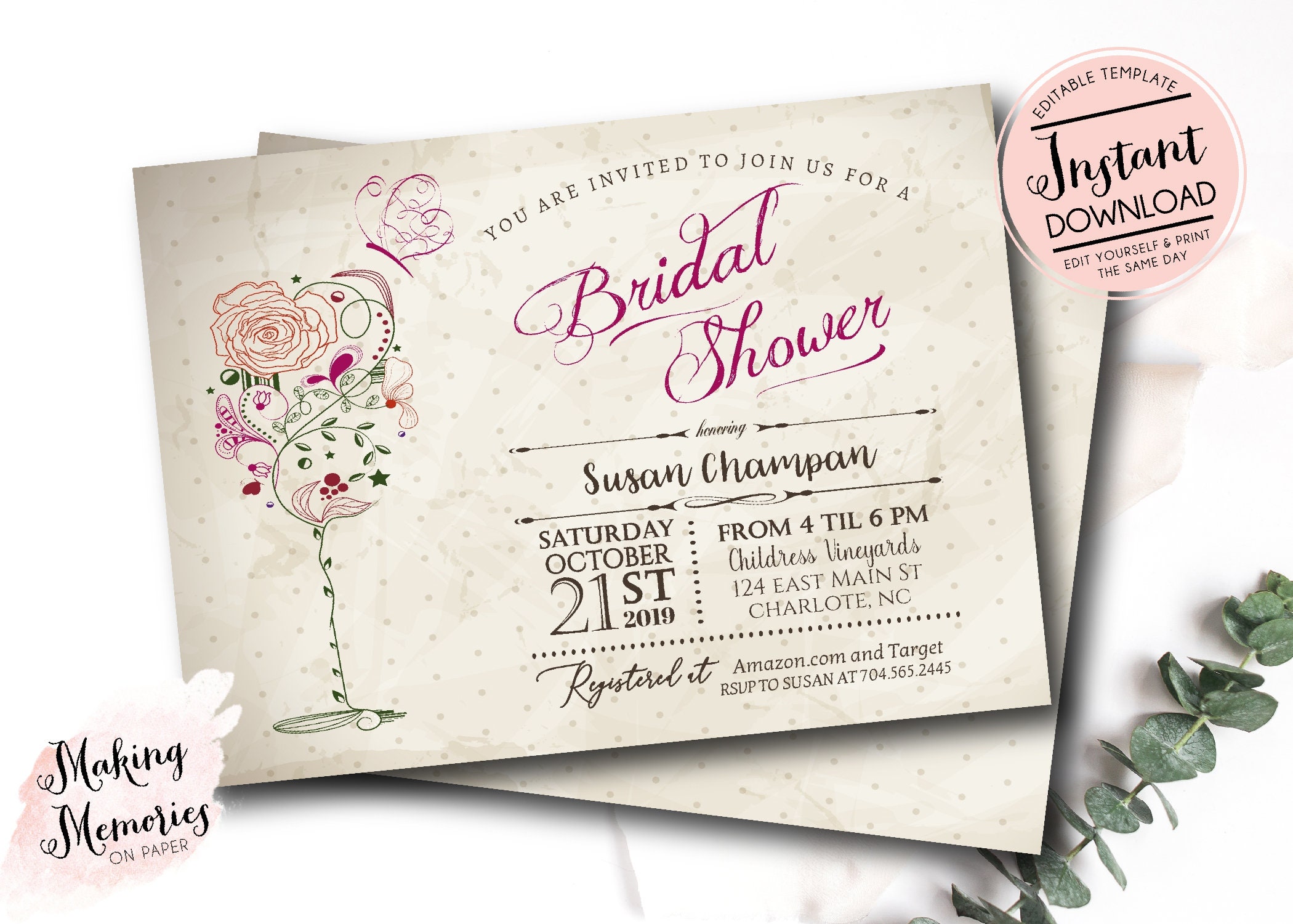 Vintage Wine & Butterfly Bridal Shower Printable Invitation, Wine Bri…