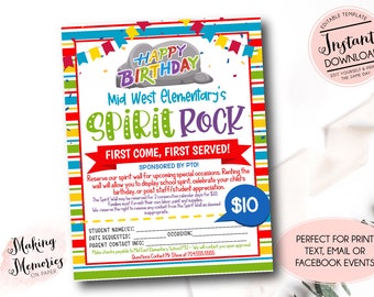 Op de afbeelding: Een kleurrijk, printbaar bord voor een schoolgeest-rots. Het bord toont een rots met de woorden "Happy Birthday" en "Spirit Rock" in een speels lettertype. Het bord bevat ook de tekst "Mid West Elementary's" en "First Come, First Served!" Het bord is versierd met kleurrijke vlaggen en confetti. Het bord is perfect voor een schoolevenement of een fondsenwerver.