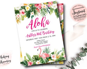 Könnte beinhalten: Einladung zu einer Aloha-Motto-Geburtstagsparty mit rosa und grünen tropischen Blumen, Palmenblättern und einem rosafarbenen Flamingo. Die Einladung lautet "Feiern Sie mit uns Ashleys 16. Geburtstag" mit Datum, Uhrzeit und Ort.