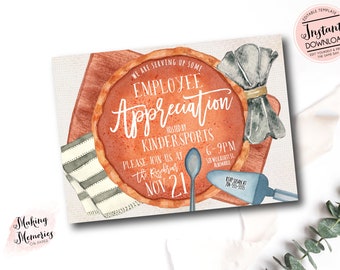 May include: A rectangular invitation card featuring a watercolor illustration of a pumpkin pie, a spoon, a pie server, and a napkin. The text reads: WE ARE SERVING UP SOME EMPLOYEE APPRECIATION HOSTED BY KINDERSPORTS 6-9PM 528 WISCASSETT ST. ALBEMARLE PLEASE JOIN US AT THE ROSEBRIAR NOV 21 RSVP SUSAN AT 704-555-5555.