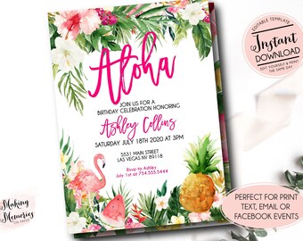 Könnte beinhalten: Editierbare tropische Geburtstagseinladung mit rosa Flamingo, Ananas, Wassermelone und floralen Akzenten. Die Einladung lautet "Aloha" und enthält den Text "Feiern Sie mit uns einen Geburtstag für Ashley Collins, Samstag, 18. Juli 2020 um 15:00 Uhr, 5531 Main Street, Las Vegas NV 89118, RSVP an Ashley am 1. Juli unter 754.555.5444".
