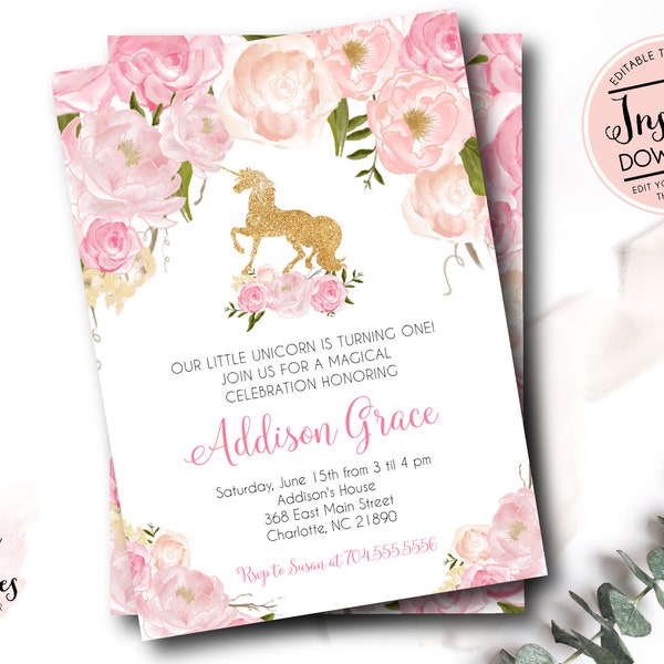 Pink and gold Floral Unicorn Invitation, INSTANT DOWNLOAD Watercolor Flowers, Unicorn Invitation, Unicorn birthday, DIY, first Birthday p2