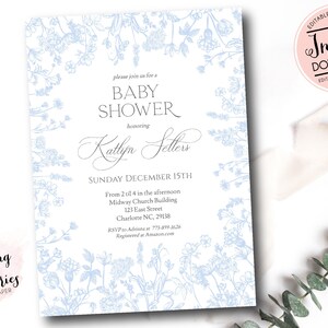 Blue Chinoiserie boy Baby Shower Invitation Bundle, blue Toile Baby Shower, Grandmillennial Invite, Vintage Botanical Invite, French Toile