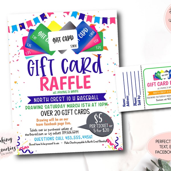 Gift card Raffle Ticket Fundraiser Flyer, gift card Raffle fundraiser Template, Sports Fundraiser, pto pta Church School Charity gift card