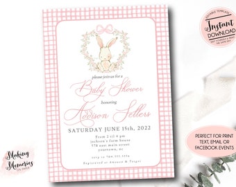bunny baby shower invitation, Preppy Bunny Baby Shower, Spring girl baby shower, Editable Gingham crest Bunny invite, little bunny