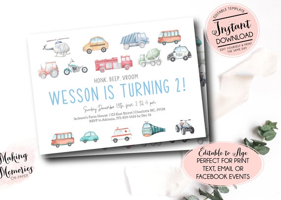 Editable Transportation Birthday Invitation, Truck Birthday Invitation Template, Cars Birthday Invite, Truck and Cars Birthday, Instant