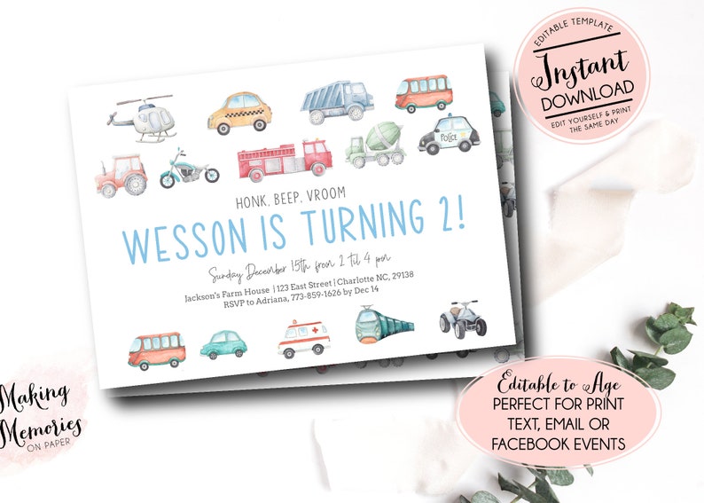 Op de afbeelding: Een uitnodiging voor een tweede verjaardag met illustraties van voertuigen zoals een helikopter, auto en brandweerwagen. De tekst luidt "Wesson wordt 2!" met evenementdetails. Het ontwerp bevat de tekst "Making Memories on Paper".