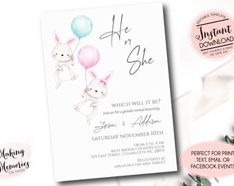 Easter Gender Reveal invitation, Spring Gender Reveal template, he or She Invite, Bunny Rabbit Gender Reveal Invitation, Boy or Girl edit