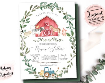 Farm Baby Shower Invitation, boy farm invitation, girl farm invite, baby farm animals shower invite, Edit yourself Instant Download
