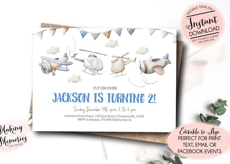 Airplane birthday invitation vintage airplane birthday party invite up up and away Airplane birthday party edit yourself