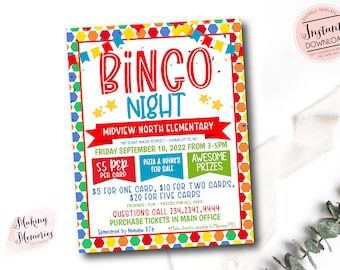 Op de afbeelding: Een kleurrijke Bingo-avond flyer voor Midview North Elementary School in Charlotte, North Carolina. De flyer heeft een rood, geel en blauw geometrisch patroon en bevat details over het evenement, inclusief de datum, tijd, locatie en ticketprijzen.