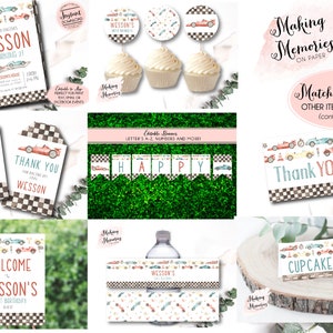 May include: A collection of racing-themed party supplies, including invitations, cupcake toppers, thank you cards, and a banner. The designs feature vintage race cars in red, blue, and yellow, with a checkered flag pattern. The text includes "Wesson" and "Happy".