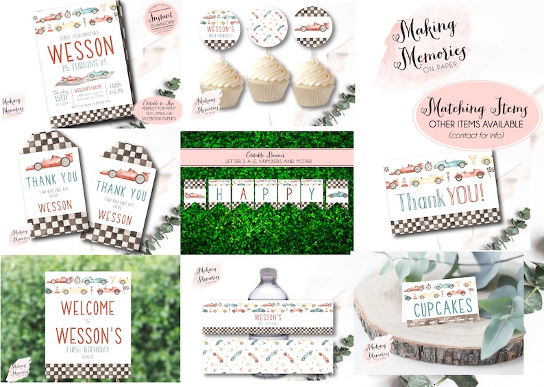 May include: A collection of racing-themed party supplies, including invitations, cupcake toppers, thank you cards, and a banner. The designs feature vintage race cars in red, blue, and yellow, with a checkered flag pattern. The text includes "Wesson" and "Happy".