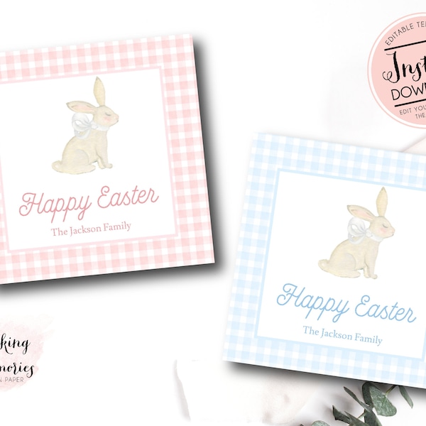 Printable Easter Tags, Gingham Easter Favor Tags, watercolor Easter tag, happy Easter, kids easter tag, egg easter tag, school easter tag