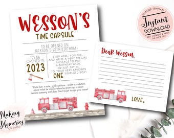 Editable Fire Truck Time Capsule, Fire Engine First Birthday Memories,  Fire Engine Time Capsule, fire truck, firetruck time capsule box