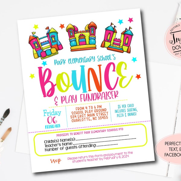 School Bounce house Flyer, PTO Fundraiser,  School fun Day Editable Invitation, Bouncy & Play Fundraiser, PTO fundraiser Flyer, Rewards Day