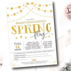 Spring Fling Dance Flyer, School Dance Invite, Editable School Dance Invitation, Star Dance Flyer, Gold Stars Dance invitation template