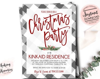 May include: Christmas party invitation with a red script font on a white background, framed by a gray and white checkered pattern. The invitation includes event details and a call to RSVP.
