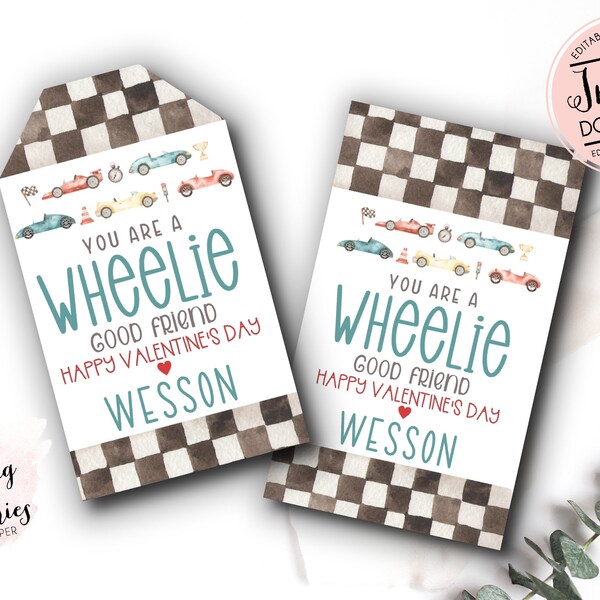 Race Car valentine favor tag, car valentine, boy valentine, a wheelie good friend,  motorcycle valentine card, instant download editable