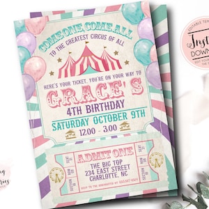 Pink Carnival Birthday Invitation, Girl Circus Birthday Invitation, Edit yourself instant download circus invite, Circus first birthday image 1