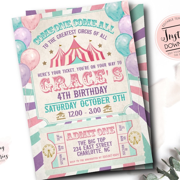 Pink Carnival Birthday Invitation, Girl Circus Birthday Invitation, Edit yourself instant download circus invite, Circus first birthday