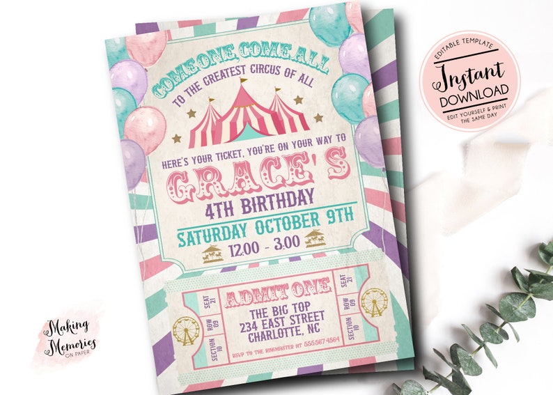 Pink Carnival Birthday Invitation, Girl Circus Birthday Invitation, Edit yourself instant download circus invite, Circus first birthday image 1