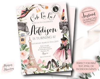 Paris Invitation, Paris Birthday Party, Pink Eiffel Tower, Paris Invite, Ooh La La, Paris Theme Printable Birthday Edit yourself instant