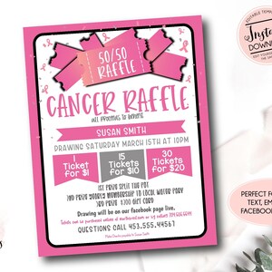 Pink Ribbon G Raffle Cancer Raffle Ticket Fundraiser Flyer, 50/50 Raffle Editable Cancer ...