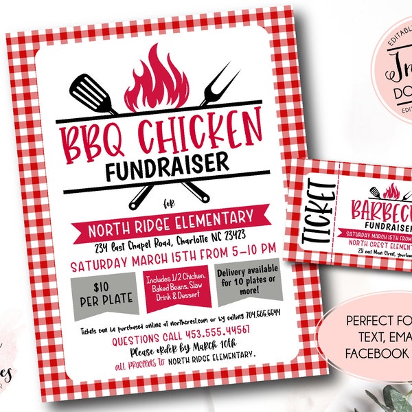 BBQ Chicken Fundraiser Flyer, Editable plaid fundraiser Template, Church School Charity, Barbecue Chicken Fundraiser Template, raise money