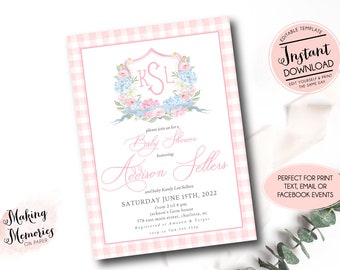 Monogram baby shower invitation, Preppy Bow Baby Shower, Spring girl baby shower, Editable Gingham crest invite, Monogram shower