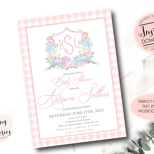 Monogram baby shower invitation, Preppy Bow Baby Shower, Spring girl baby shower, Editable Gingham crest invite, Monogram shower