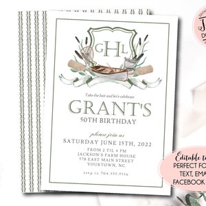 Fishing Birthday Invitation, O-fish-ally, The Big ONE, Editable Fish Crest lake, Adult fishing invite, rustic fish birthday, monogram invite
