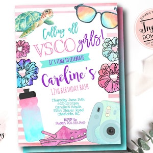 VSCO birthday Party Invitation, VSCO Party, VSCO Girl Invitation, 90&#39;s girl, Water, scrunchie, Tween Birthday Invite, Edit yourself instant