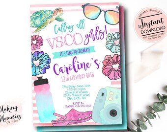 VSCO birthday Party Invitation, VSCO Party, VSCO Girl Invitation, 90's girl, Water, scrunchie, Tween Birthday Invite, Edit yourself instant