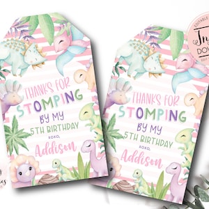 Girl Dinosaur Favor Tags, pink dinosaur birthday party Favors, dinosaur favor cards, Dinosaur stickers, Edit yourself, Template, Printable