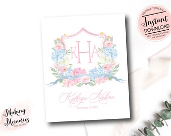 Printable Watercolor Monogram Crest, Hospital Door Sign, Bassinet, girl Nursery art, Floral Hospital Sign, Pink Crest with Monogram & Name