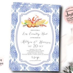Seafood Boil Invitation, Low country boil invitation, Engagement Invitation, blue tile, Instant, couples shower, annual low country boil