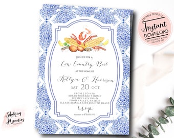 Seafood Boil Invitation, Low country boil invitation, Engagement Invitation, blue tile, Instant, couples shower, annual low country boil