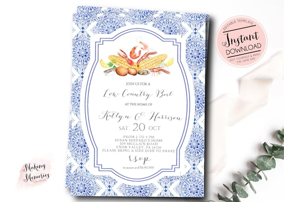 Seafood Boil Invitation, Low country boil invitation, Engagement Invitation, blue tile, Instant, couples shower, annual low country boil